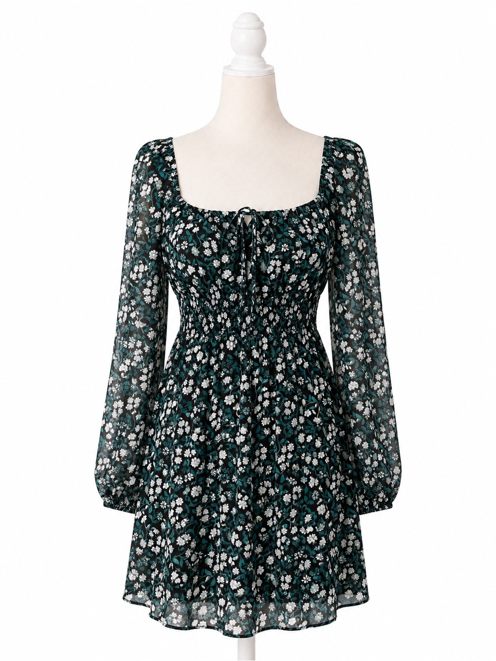 Francesca’s Mi Ami Floral Mini Dress NWT Small Black Green Long Sleeve Smocked